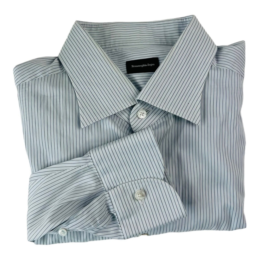 Ermenegildo Zegna Current White w/ Blue & Brown Stripe Button Up Mens Size 46/18